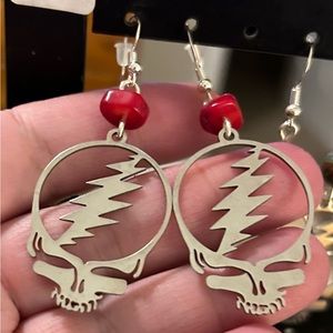 Grateful Dead Stealie hanging earrings with red bead. Artisan handmade with love